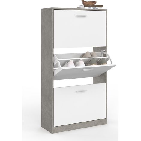Idmarket – Meuble à chaussures 18 paires effet béton – 3 portes blanches – Dimensions 60x24x113 cm – Panneaux de particules robustes – Montage facile