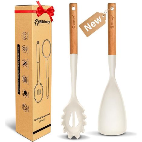 Ensemble spatule et cuillère à pâtes en silicone avec manche en bois, 2 pièces, Blanc