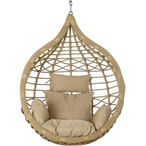 Fauteuil de jardin suspendu en rotin synthétique avec coussin marron clair - Largeur 100 x Hauteur 125 x Profondeur 70 cm -PEGANE- (1/4)