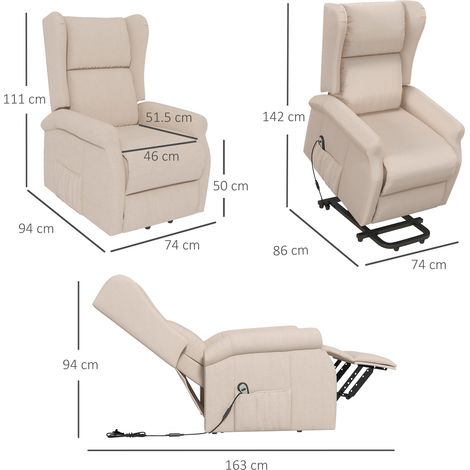 Fauteuil relax électrique avec fonction inclinable, aide au lever pour personnes âgées, charge max 200kg, dimensions 72,5x94x109cm, teinte crème (1/4)