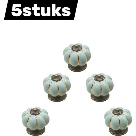 Lot de 5 boutons de meuble en céramique en forme de citrouille style rustique vintage pour placards et meubles de cuisine décoration d'Halloween bleu pastel (1/5)