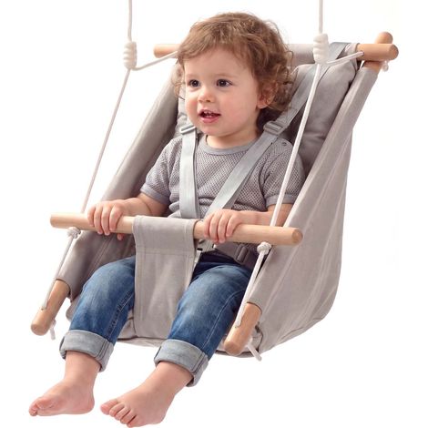 VEVOR Balancoire Bebe Hamac 3 Modes, Charge 30 kg, Siege Suspendu en Toile pour Tout-Petit, Coussin Integre et Harnais 5 Points, Cadre en Bois avec Sangles pour Arbre, , Interieur et Exterieur, Gris (1/5)