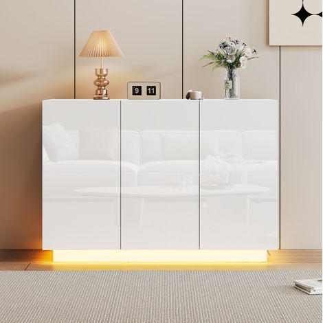 Aparador 120x40x75 cm blanco en tablero de partículas con puertas de alto brillo, LED y estantes ajustables (1/5)