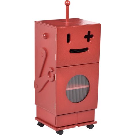 Armario infantil moderno con ruedas 3 estantes 1 cajón con pequeña vitrina motivo robot rojo Edgar