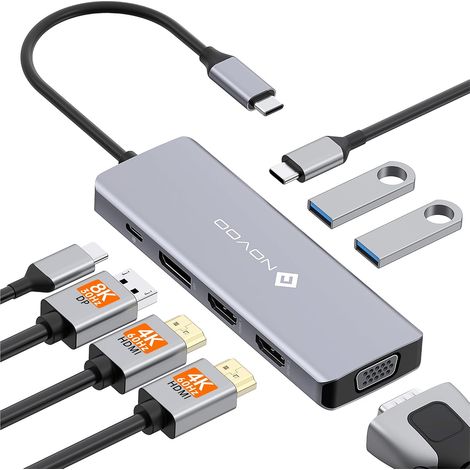 USB C Docking Station, 8-en-1 Hub USB C vers Double HDMI, Displayport 4K 120Hz, VGA, USB C 3.1, USB A 3.1, PD 100W, Stations d'accueil Quadruple Affichage pour MacBook HP Lenovo Dell (1/5)