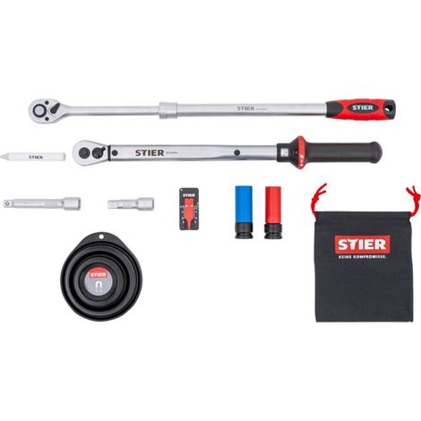 STIER Kit de montage de roue 1/2'', kit de changement de pneu, 40 - 200 Nm, 11 pièces, dans un coffret robuste, avec clé dynamométrique de haute qualité, précision de déclenchement extra élevée (1/5)