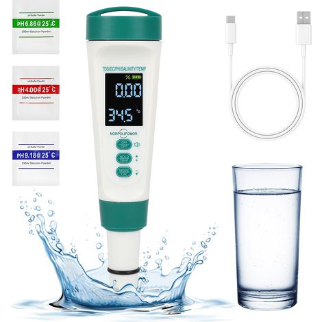 Testeur de pH numérique, testeur de sel de piscine, testeur de pH pour eau salée de piscine, compteur de salinité, pH,température,EC et TDS 5 en 1 (1/5)