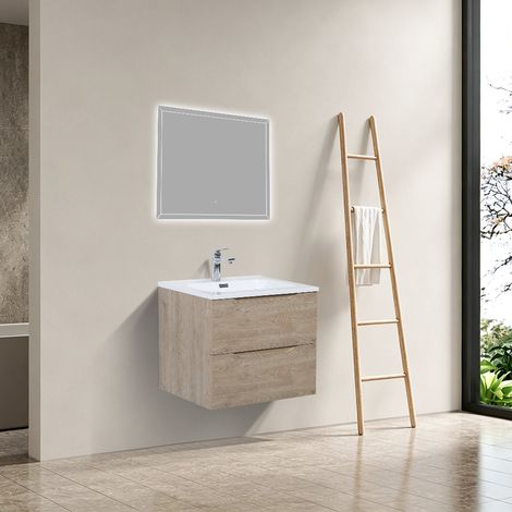 Meuble salle de bain design simple vasque COMBO largeur 60 cm chêne clair texturé (1/5)