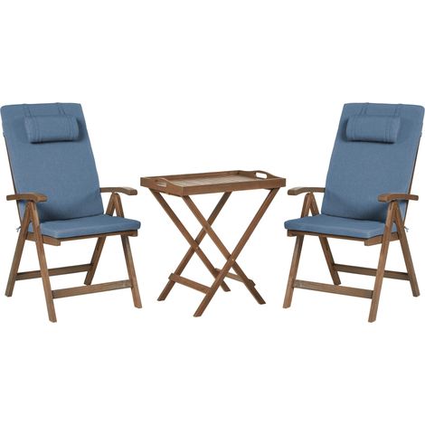 Set da balcone in stile rustico da giardino: tavolo in acacia massiccia naturale e 2 sedie pieghevoli con cuscini blu Amantea
