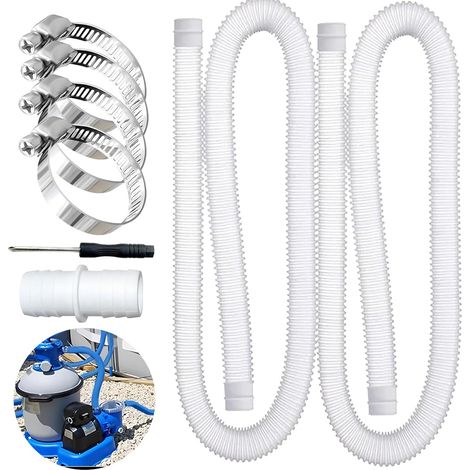 2 Stück 32 mm Schwimmbadschlauch, mit 4 Metall-Sicherheitsclips, für Saugschlauch und Pumpenschlauch, weiß