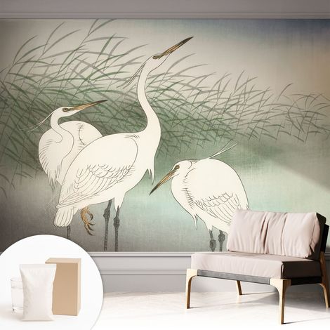 Papier peint intissé mural classique avec imprimé motifs décoratifs design élégant non‑tissé Hérons dans l'herbe 312x219 cm (1/5)