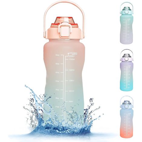 2-Liter-Sportwasserflasche mit Strohhalm und Zeitanzeige, 1,9-Liter-Wasserflasche mit Skala, pink (1/5)