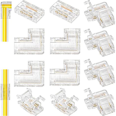 Lot de 12 connecteurs de bande LED COB - Transparent - Connecteur d'angle LED - 10 mm - 2 pôles - Sans soudure - 8 x forme L + 4 x droits - Pour bandes LED 12 V 24 V - Installation facile sans (1/5)