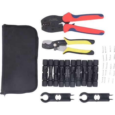 Ortviai Kit d’outils de sertissage solaire avec 10 connecteurs MC4, pince à sertir à cliquet précis et déverrouillage automatique pour câbles 2,5/4/6 mm²