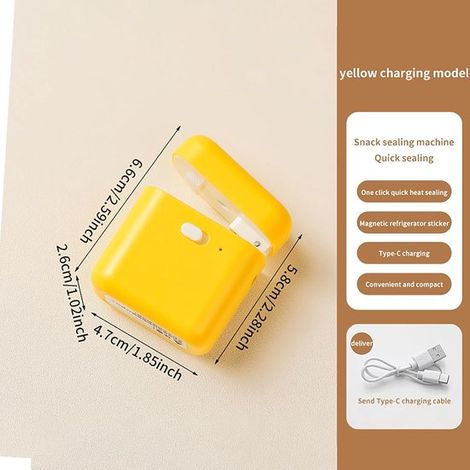 Mini selladora recargable con USB-C (amarilla，1 unidad)，Selladora térmica práctica con cierre magnético para bolsas de plástico para aperitivos (1/4)