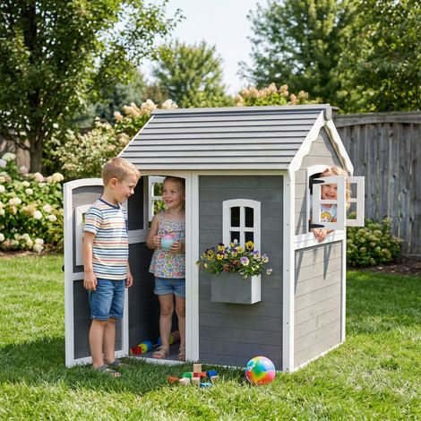 Cabane pour Enfants 3-8 Ans avec 6 Fenêtres et Jardinière, en Bois de Sapin, 104.5x110x137 cm, Grise (1/5)