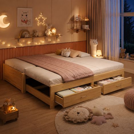Lit banquette extensible 90x190 à 180x190 cm avec 2 tiroirs Lit enfant avec sommier à lattes-sans accoudoirs ni dossier-Bois-Naturel (1/5)