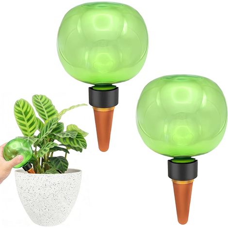 Boule d'arrosage automatique - Lot de 2 - Plastique et céramique - 500 ml - Pour plantes en pot - Vert (1/5)