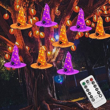 Lot de 8 chapeaux de sorcière lumineux à suspendre pour Halloween, 14ft, 56 LED, pour intérieur et extérieur, télécommande, alimenté par batterie avec 8 modes d'éclairage pour jardin, cour (1/5)