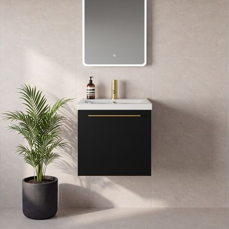 Napoli 390 Matt Black 500mm Wall Mounted Single Drawer Vanity Unit with Glide Basin - 500mm - Brushed Brass 320mm Handle