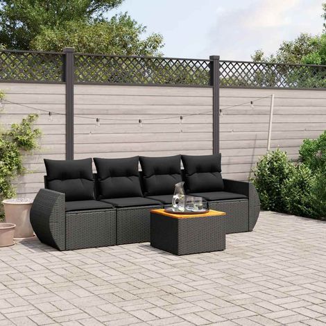 Salon de jardin 5 pièces avec coussins, résine tressée noire et table en bois d’acacia, 42.6kg - PANGIVO (1/3)