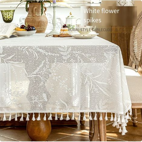 Nappe à pompons blanche, décoration de bureau de style ins, adaptée pour 4 à 6 personnes, avec motif de dentelle florale brodée, 140 x 140 cm (l x L). (1/5)