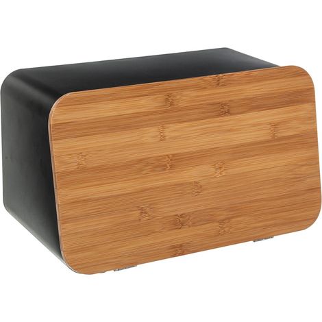 5Five Simply Smart – Boîte à pain en métal noir avec planche à découper bambou – Dimensions 37x22,5x23,5 cm – Pour conserver le pain frais et trancher facilement (1/5)