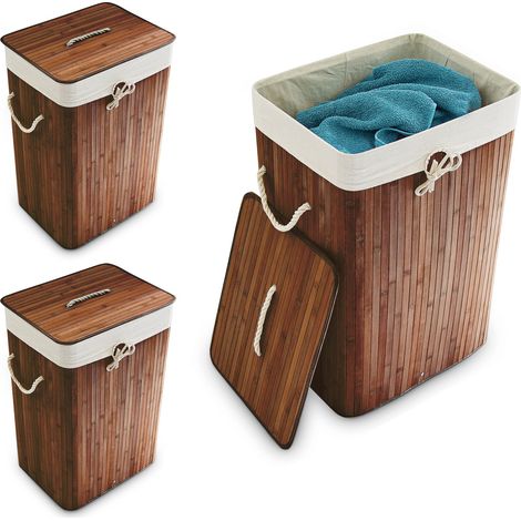 Panier à linge bambou, lot de 3, corbeille linge pliante, 83L, sac intérieur coton, 65,5 x 43,5 x 33,5 cm, marron