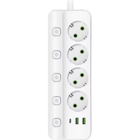 Multiprise avec ports USB(C et USB)Bloc d'alimentation compact pour le bureau et la maison Multiprise européenne 4 prises avec-Blanc (1/3)