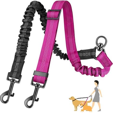 Hundeleine Doppelleine Elastische Hundeleine 2 in 1 Doppelleine Verstellbar Hundezubehör Gassi Ausrüstung Schwarz und Rosa (1/5)