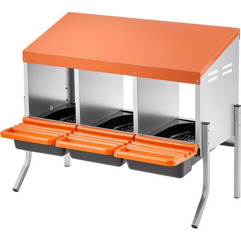 Nids de ponte pour poules, 3 compartiments, avec pieds de soutien, collecte facile des œufs, acier galvanisé et plastique haute résistance, orange. (1/5)