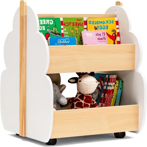 GOPLUS Bibliothèque pour Enfants en Forme d’Arbre Adorable avec 3 Compartiments, Roues Universelles, étagère de Rangement à 2 Niveaux avec Coins Arrondis Blanc (1/5)
