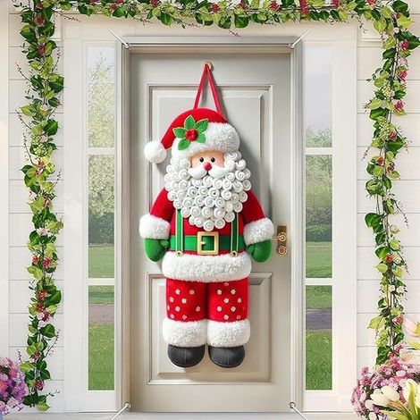 Nouvelle décoration de porte de Noël, motif Père Noël pour jardin, cour ou extérieur - 90 x 180 cm (perforée + ruban) - 18