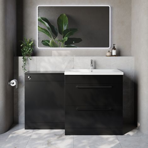 Napoli 460 Cento Matt Black 1400mm 2 Drawer Vanity Unit Toilet Suite with Glide Basin - 1400mm - Chrome 480mm HandleWithout Kingston Toilet Pan