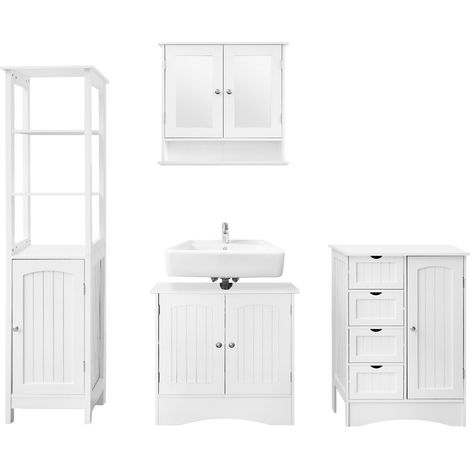 ML-Design Conjunto de 4 Muebles de Baño Armario Blanco de Suelo Alto Cómoda de Pared Colgante con Cajones Espejo y Esantería de Almacenamiento Estantería Estilo Rústico Mueble de Madera MDF Multiúsos (1/5)