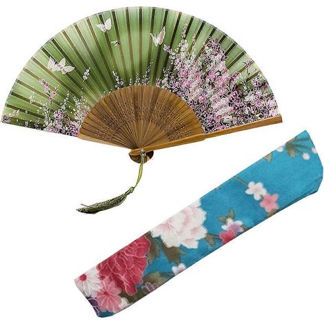 Éventail pliant vert de style chinois avec sac en tissu, armature en bambou marron, papillons et fleurs peints.-M