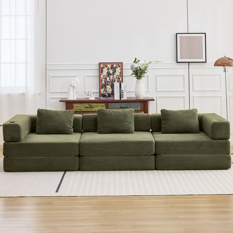 Sofá cama convertible de pana de 300 cm – 2 portavasos, 3 cojines, verde (1/5)
