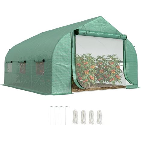 Gewächshaustunnel mit Tür und Fenstern, verzinkter Stahlrahmen, 3,5 x 3 x 2 m, Grün