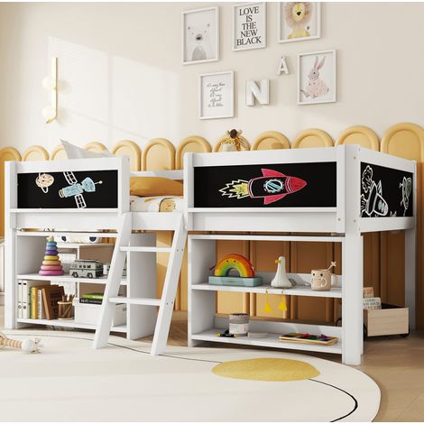 Lit mi-hauteur 90/200 cm blanc en bois de pin avec rangements, échelle et tableau (1/5)