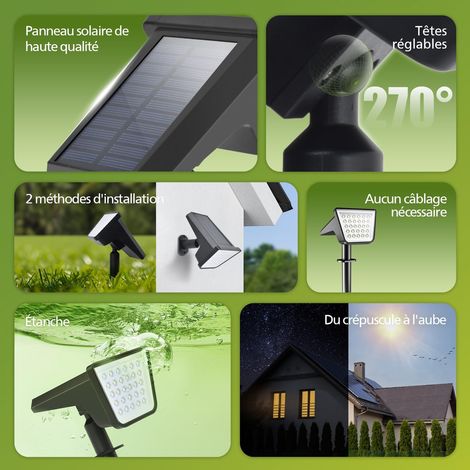 Lot de 2 Projecteurs Spots Lampes Solaires d'Extérieur Étanches, 28 LED 7500K, Éclairage Paysager pour Jardin, Allée et Pelouse, Fonction Crépuscule à l'Aube (1/4)