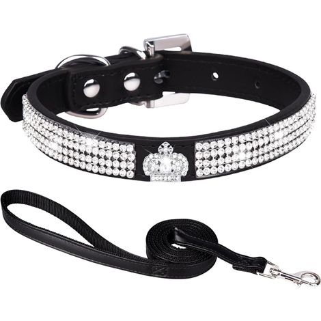 Colier Chien + Laisse, Strass, Cuir, Petit, Moyen, Grand, Noir, Complet, Rapide, Robuste, Complet, Rapide (1/5)