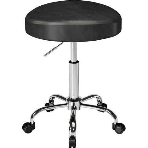 Taburete con ruedas en PU negro, asiento grueso de 9 cm, giratorio 360°, regulable de 52 a 67,5 cm, compacto (1/5)