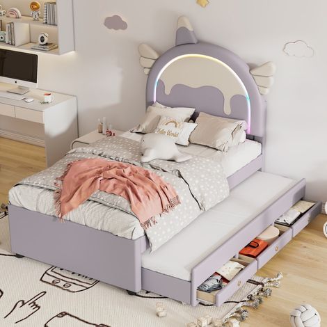 Lit Gigogne 90x200 cm + 90x190 cm - Lit Enfant Licorne avec 3 Tiroirs - Structure en PU et MDF - Design Cartoon - Violet (1/5)