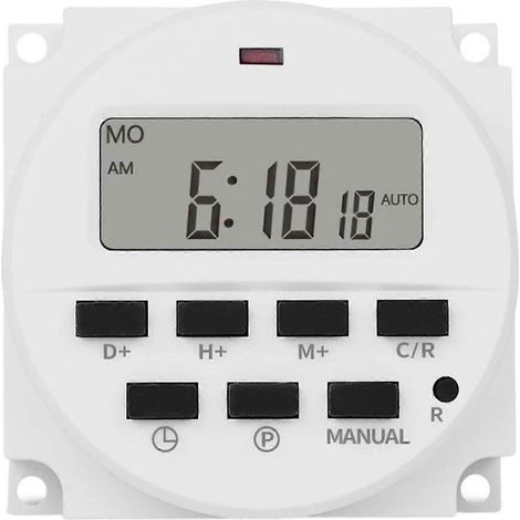 Minuterie numérique 24 V avec relais programmable, programmation précise et plusieurs réglages marche/arrêt.