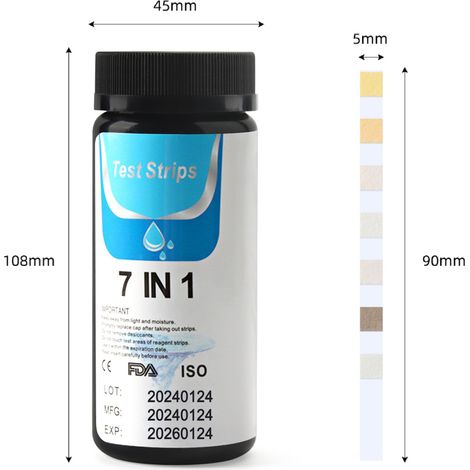 Kit de test de bandelettes de test 7 en 1 pour spa et piscine pour dureté totale/chlore total/chlore libre/brome/pH/alcalinité totale/nitrite 50 ct. (1/5)