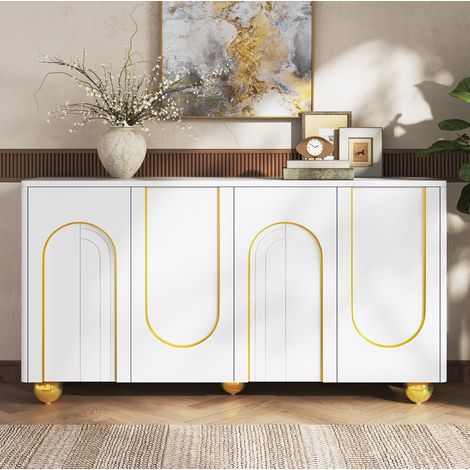 Buffet blanc avec 4 portes et ligne arquée dorée, 140x40x74 cm (1/5)