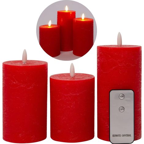 Lot de 3 bougies LED, 7,5 cm de diamètre, bougie à flamme vacillante avec télécommande, ROUGE, 15 cm + 12,5 cm + 10 cm de hauteur, bougies LED avec