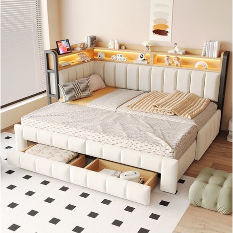 Cama canapé extensible 90x200 cm a 180x200 cm con LED, USB y almacenamiento, terciopelo - beige (1/5)