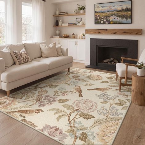 Tapis Salon Vintage 160x230cm Lavable en Machine Rug AntidéRapant Poil Ras, pour Chambre Salle a Manger Descente de Lit Bureau, Cuisine,Crème et Rose Antique (1/5)