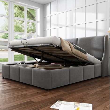 Cama tapizada con almacenamiento hidráulico gris OKMYHOME (1/5)